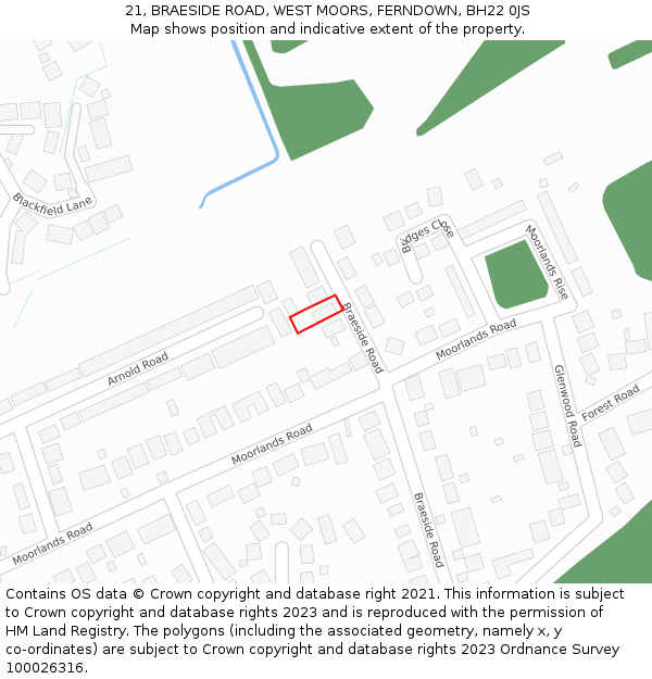 21, BRAESIDE ROAD, WEST MOORS, FERNDOWN, BH22 0JS: Location map and indicative extent of plot