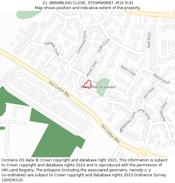 21, BRAMBLING CLOSE, STOWMARKET, IP14 5UN: Location map and indicative extent of plot