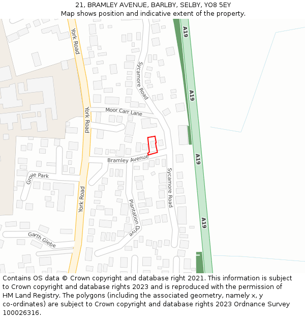 21, BRAMLEY AVENUE, BARLBY, SELBY, YO8 5EY: Location map and indicative extent of plot