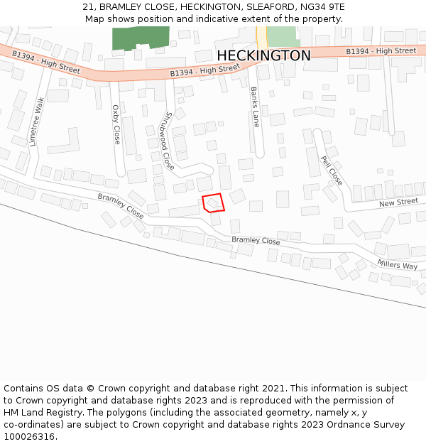 21, BRAMLEY CLOSE, HECKINGTON, SLEAFORD, NG34 9TE: Location map and indicative extent of plot