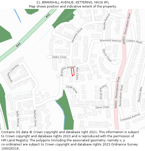 21, BRAMSHILL AVENUE, KETTERING, NN16 9FL: Location map and indicative extent of plot