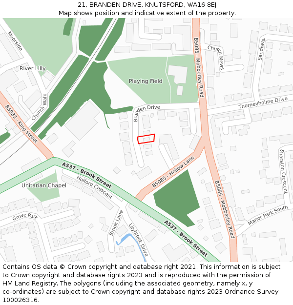 21, BRANDEN DRIVE, KNUTSFORD, WA16 8EJ: Location map and indicative extent of plot