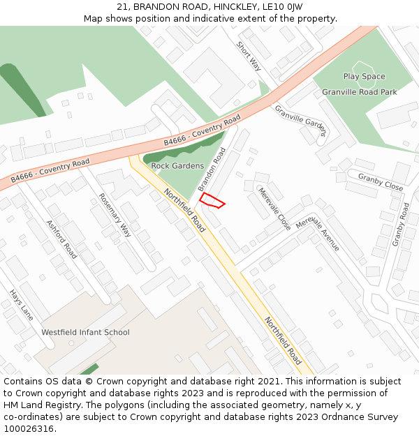 21, BRANDON ROAD, HINCKLEY, LE10 0JW: Location map and indicative extent of plot