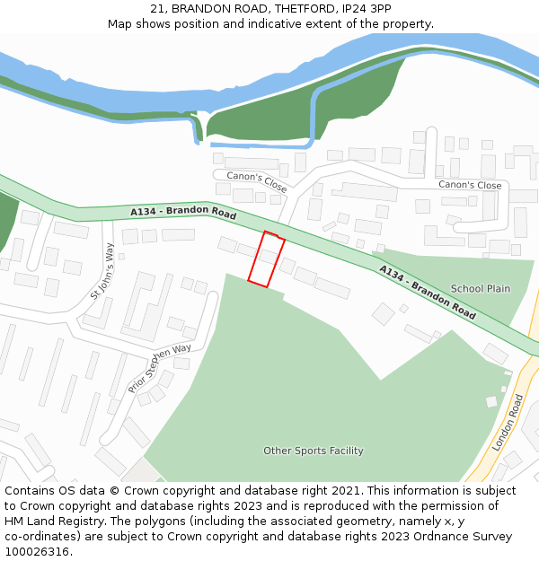 21, BRANDON ROAD, THETFORD, IP24 3PP: Location map and indicative extent of plot