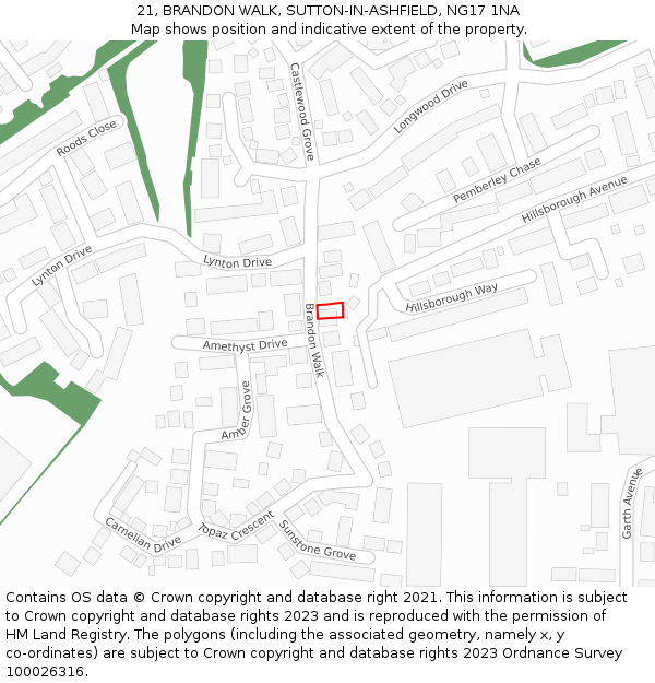 21, BRANDON WALK, SUTTON-IN-ASHFIELD, NG17 1NA: Location map and indicative extent of plot