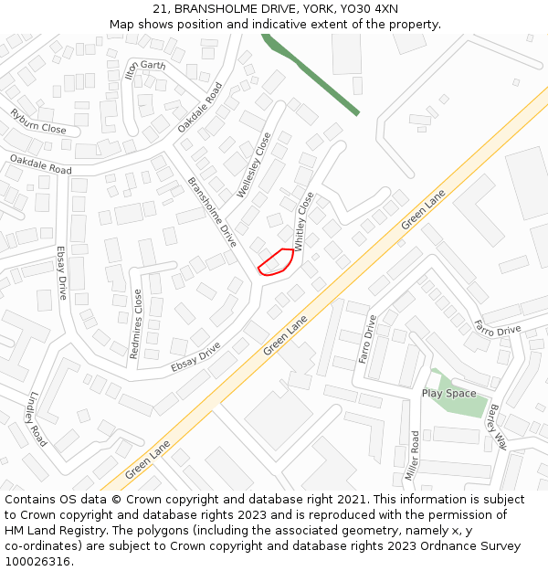 21, BRANSHOLME DRIVE, YORK, YO30 4XN: Location map and indicative extent of plot