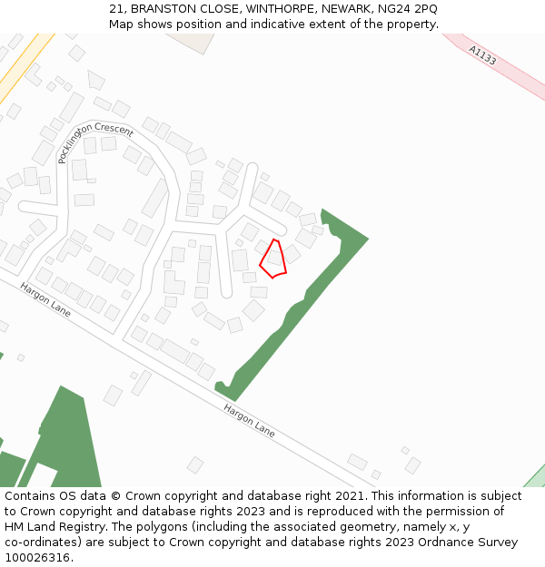 21, BRANSTON CLOSE, WINTHORPE, NEWARK, NG24 2PQ: Location map and indicative extent of plot