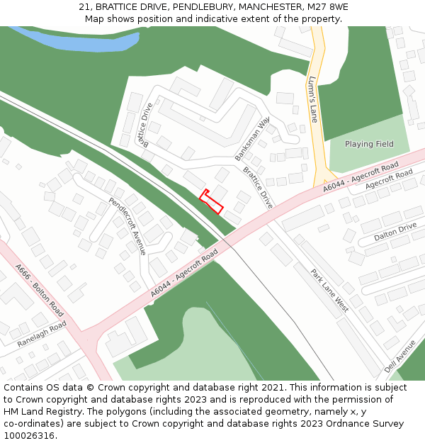 21, BRATTICE DRIVE, PENDLEBURY, MANCHESTER, M27 8WE: Location map and indicative extent of plot