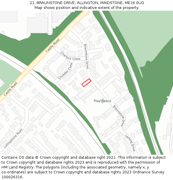 21, BRAUNSTONE DRIVE, ALLINGTON, MAIDSTONE, ME16 0UG: Location map and indicative extent of plot