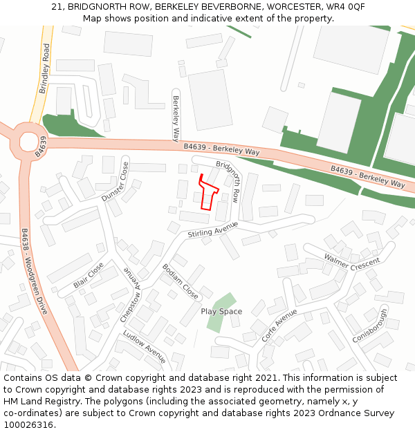 21, BRIDGNORTH ROW, BERKELEY BEVERBORNE, WORCESTER, WR4 0QF: Location map and indicative extent of plot