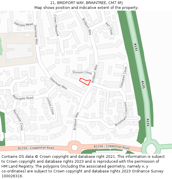 21, BRIDPORT WAY, BRAINTREE, CM7 9FJ: Location map and indicative extent of plot