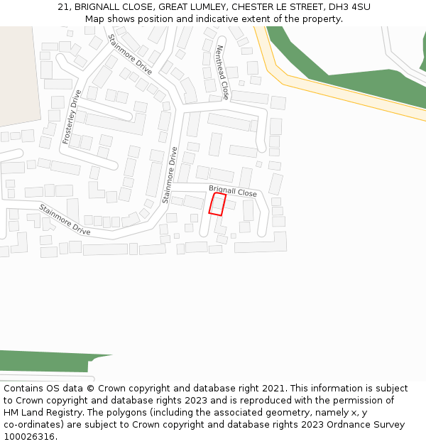 21, BRIGNALL CLOSE, GREAT LUMLEY, CHESTER LE STREET, DH3 4SU: Location map and indicative extent of plot