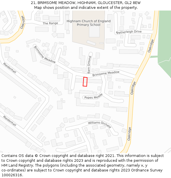 21, BRIMSOME MEADOW, HIGHNAM, GLOUCESTER, GL2 8EW: Location map and indicative extent of plot