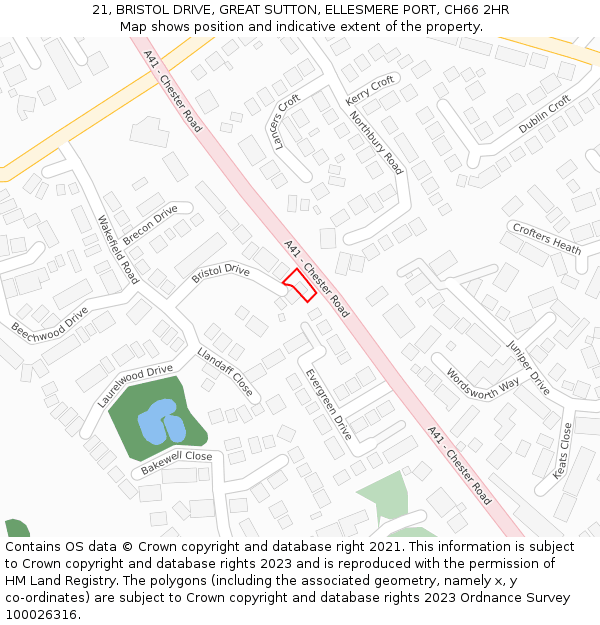 21, BRISTOL DRIVE, GREAT SUTTON, ELLESMERE PORT, CH66 2HR: Location map and indicative extent of plot