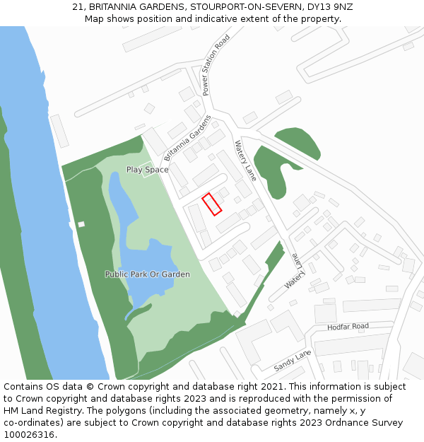 21, BRITANNIA GARDENS, STOURPORT-ON-SEVERN, DY13 9NZ: Location map and indicative extent of plot