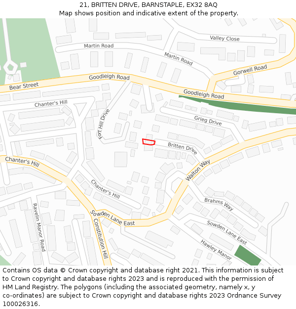 21, BRITTEN DRIVE, BARNSTAPLE, EX32 8AQ: Location map and indicative extent of plot