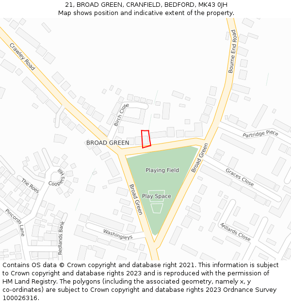 21, BROAD GREEN, CRANFIELD, BEDFORD, MK43 0JH: Location map and indicative extent of plot