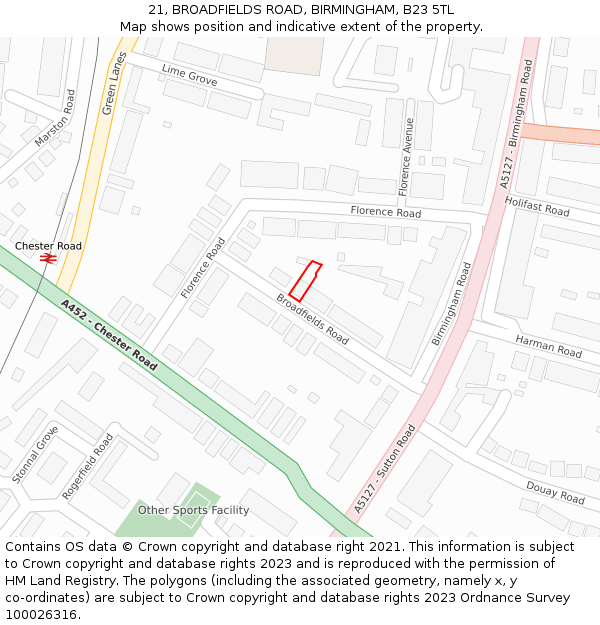 21, BROADFIELDS ROAD, BIRMINGHAM, B23 5TL: Location map and indicative extent of plot