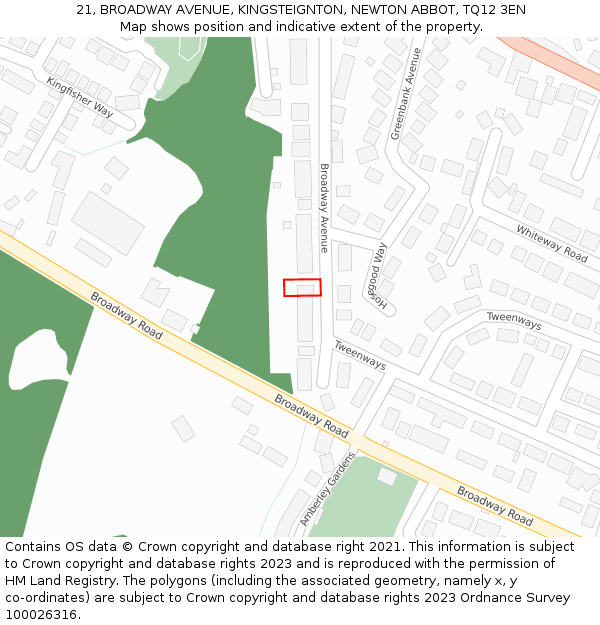 21, BROADWAY AVENUE, KINGSTEIGNTON, NEWTON ABBOT, TQ12 3EN: Location map and indicative extent of plot