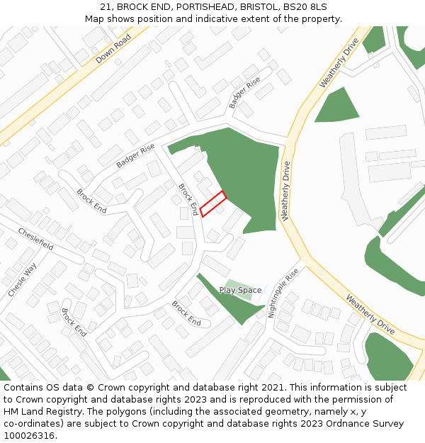 21, BROCK END, PORTISHEAD, BRISTOL, BS20 8LS: Location map and indicative extent of plot