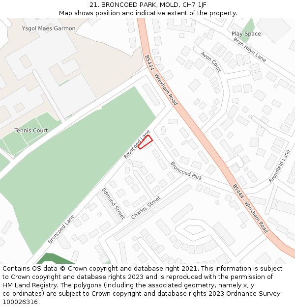 21, BRONCOED PARK, MOLD, CH7 1JF: Location map and indicative extent of plot