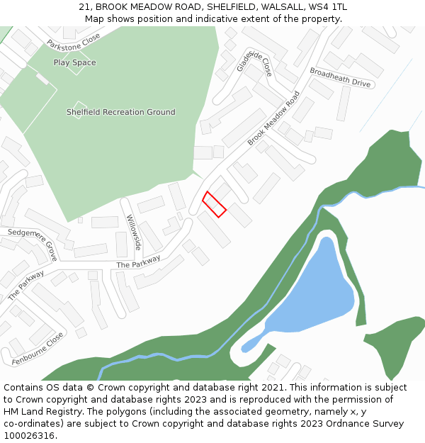 21, BROOK MEADOW ROAD, SHELFIELD, WALSALL, WS4 1TL: Location map and indicative extent of plot