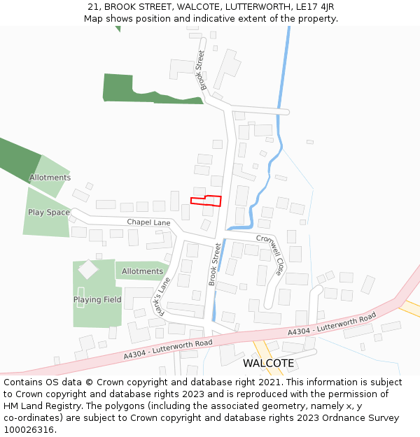 21, BROOK STREET, WALCOTE, LUTTERWORTH, LE17 4JR: Location map and indicative extent of plot