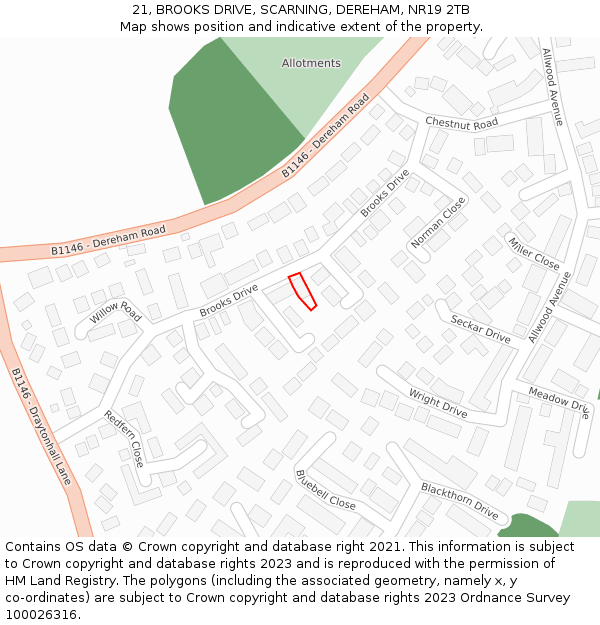 21, BROOKS DRIVE, SCARNING, DEREHAM, NR19 2TB: Location map and indicative extent of plot