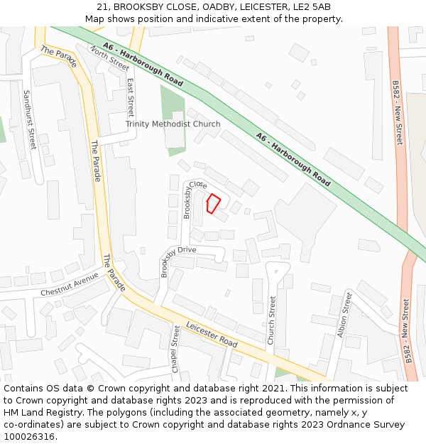 21, BROOKSBY CLOSE, OADBY, LEICESTER, LE2 5AB: Location map and indicative extent of plot