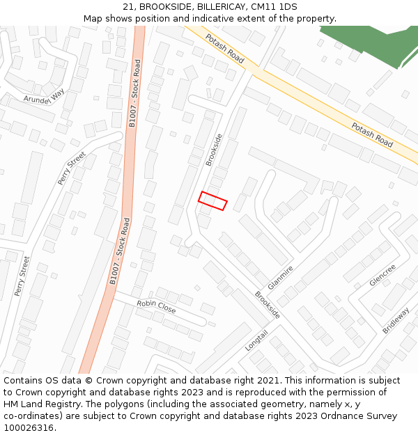 21, BROOKSIDE, BILLERICAY, CM11 1DS: Location map and indicative extent of plot