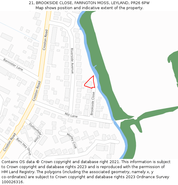 21, BROOKSIDE CLOSE, FARINGTON MOSS, LEYLAND, PR26 6PW: Location map and indicative extent of plot