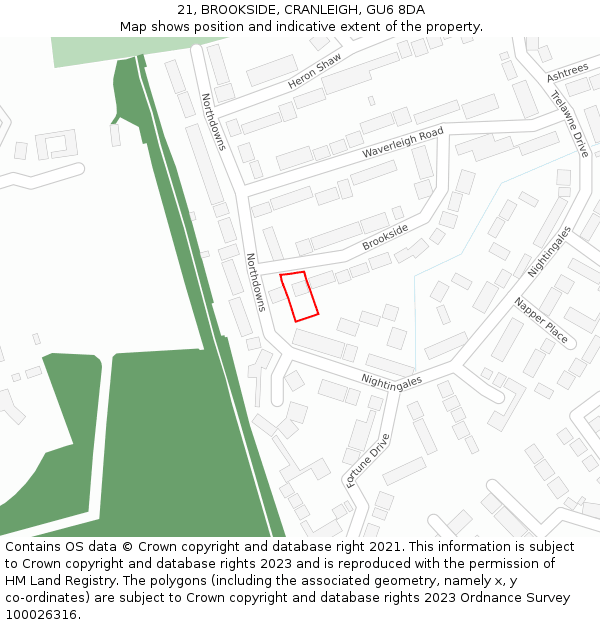 21, BROOKSIDE, CRANLEIGH, GU6 8DA: Location map and indicative extent of plot