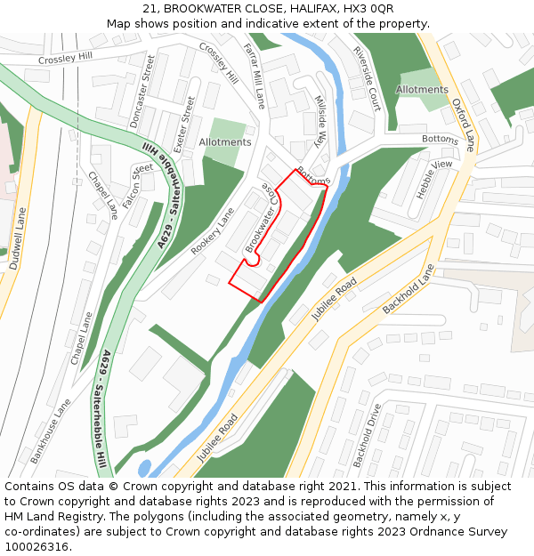 21, BROOKWATER CLOSE, HALIFAX, HX3 0QR: Location map and indicative extent of plot