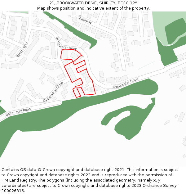 21, BROOKWATER DRIVE, SHIPLEY, BD18 1PY: Location map and indicative extent of plot