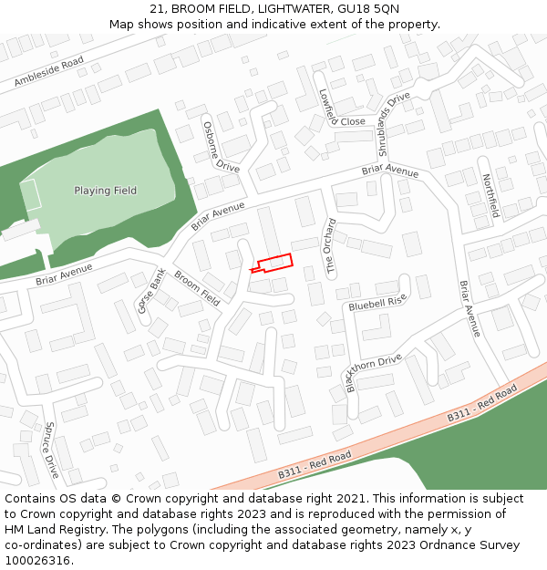 21, BROOM FIELD, LIGHTWATER, GU18 5QN: Location map and indicative extent of plot