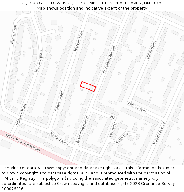 21, BROOMFIELD AVENUE, TELSCOMBE CLIFFS, PEACEHAVEN, BN10 7AL: Location map and indicative extent of plot