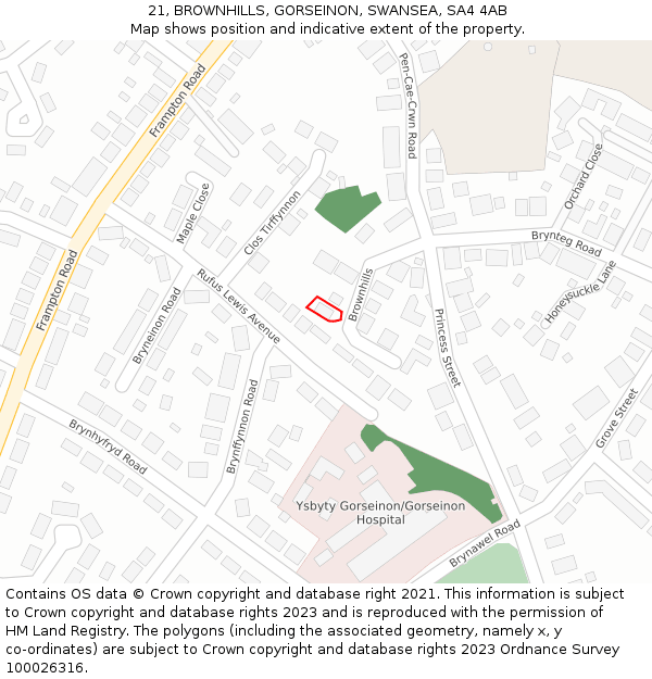 21, BROWNHILLS, GORSEINON, SWANSEA, SA4 4AB: Location map and indicative extent of plot