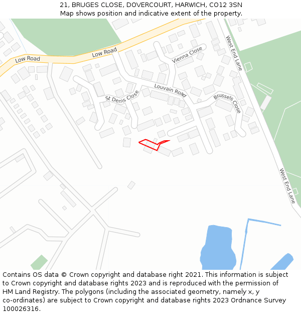 21, BRUGES CLOSE, DOVERCOURT, HARWICH, CO12 3SN: Location map and indicative extent of plot