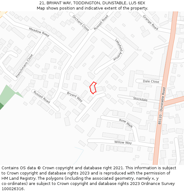 21, BRYANT WAY, TODDINGTON, DUNSTABLE, LU5 6EX: Location map and indicative extent of plot