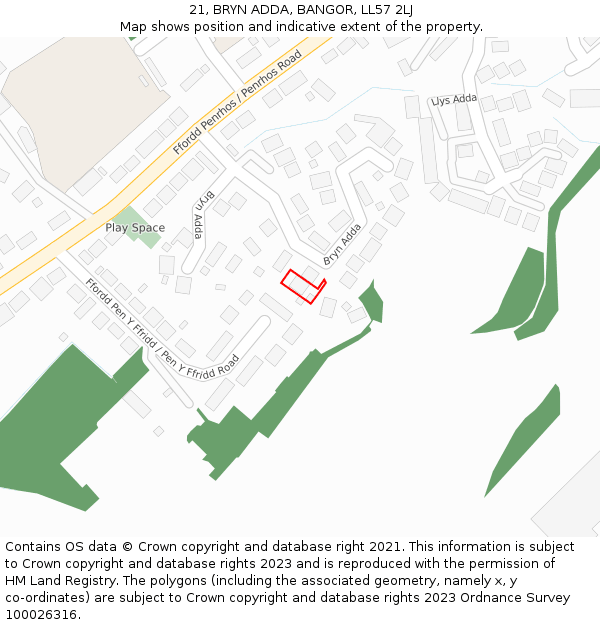 21, BRYN ADDA, BANGOR, LL57 2LJ: Location map and indicative extent of plot