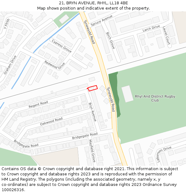 21, BRYN AVENUE, RHYL, LL18 4BE: Location map and indicative extent of plot