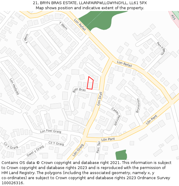 21, BRYN BRAS ESTATE, LLANFAIRPWLLGWYNGYLL, LL61 5PX: Location map and indicative extent of plot