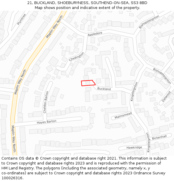 21, BUCKLAND, SHOEBURYNESS, SOUTHEND-ON-SEA, SS3 8BD: Location map and indicative extent of plot