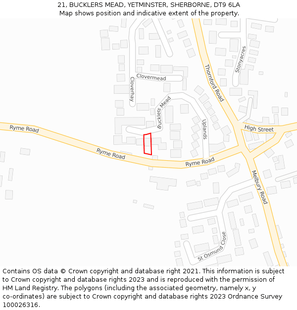 21, BUCKLERS MEAD, YETMINSTER, SHERBORNE, DT9 6LA: Location map and indicative extent of plot