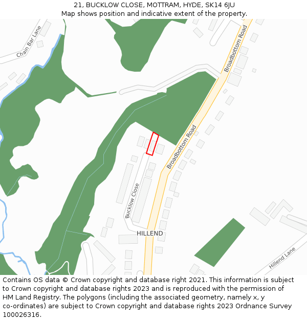 21, BUCKLOW CLOSE, MOTTRAM, HYDE, SK14 6JU: Location map and indicative extent of plot