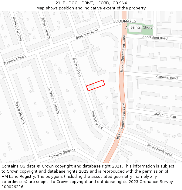 21, BUDOCH DRIVE, ILFORD, IG3 9NX: Location map and indicative extent of plot