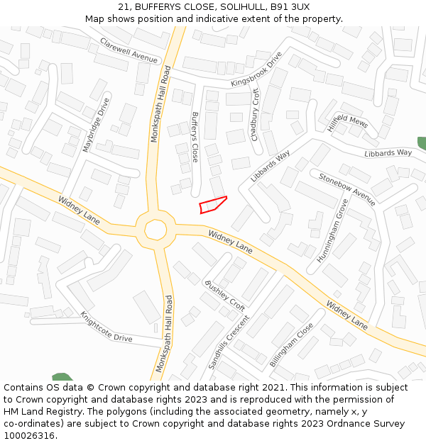 21, BUFFERYS CLOSE, SOLIHULL, B91 3UX: Location map and indicative extent of plot