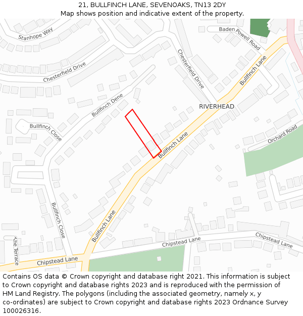 21, BULLFINCH LANE, SEVENOAKS, TN13 2DY: Location map and indicative extent of plot