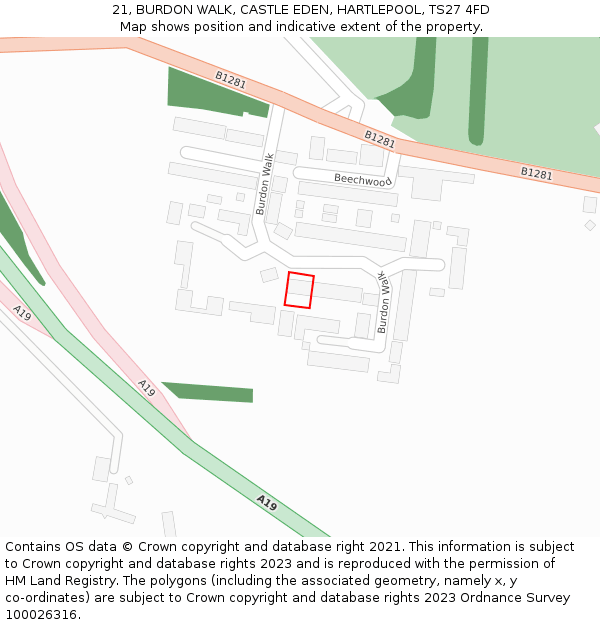 21, BURDON WALK, CASTLE EDEN, HARTLEPOOL, TS27 4FD: Location map and indicative extent of plot