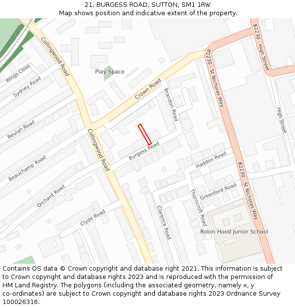 21, BURGESS ROAD, SUTTON, SM1 1RW: Location map and indicative extent of plot